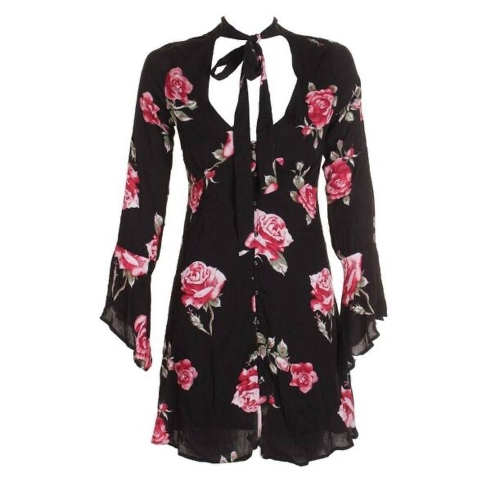 American Rag Juniors Black Floral Bell Sleeve Dress Size Small